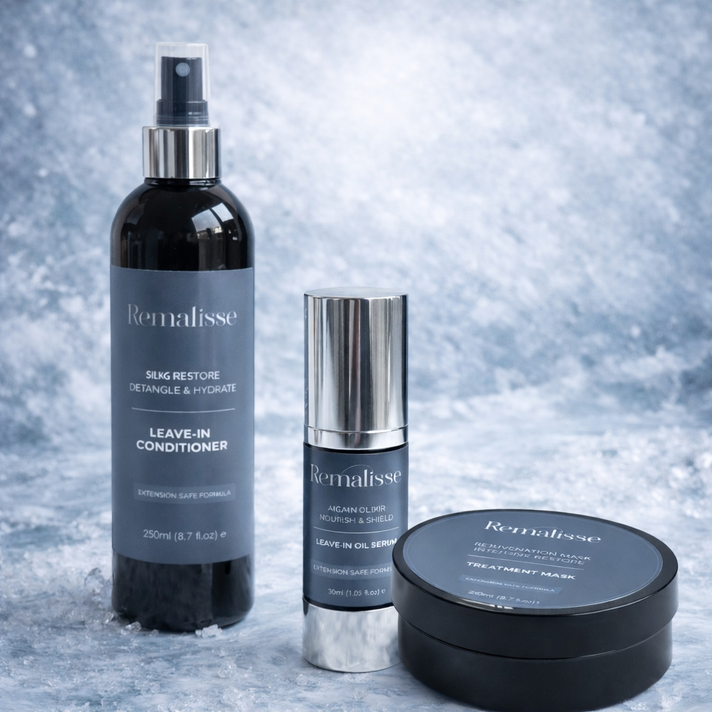 Remalisse rejuvenation mask, silk-restore leave-in conditioner spray, Argan elixir leave in oil serum, displayed together on an icy blue marble background, featuring black bottles with silver accents and blue/grey labels. 