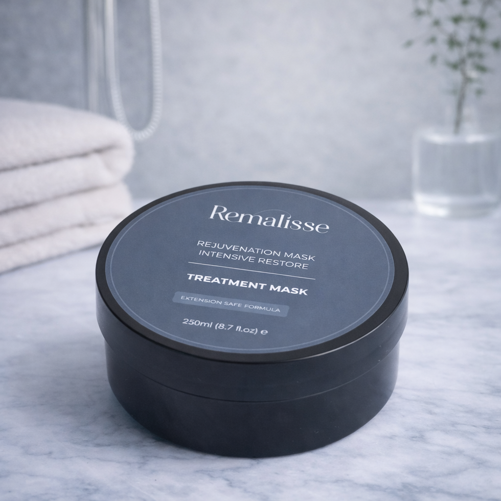 Remalisse rejuvenation mask intensive restore treatment mask in a black jar with blue/grey label, placed on a light grey marble bathroom surface with soft towels and a plant blurred in the background. 