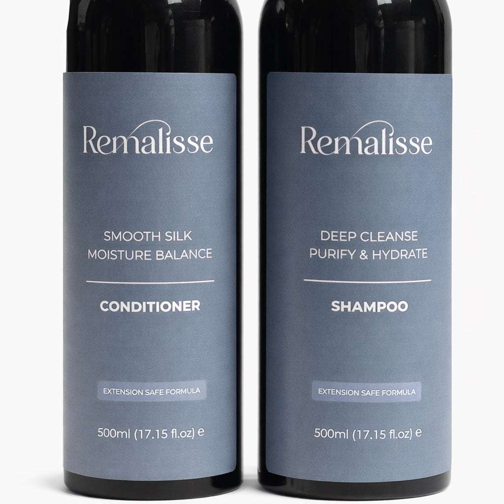 Close-up of Remalisse Smooth Silk Conditioner and Deep Cleanse Shampoo labels 500ml hair extension safe formula. 