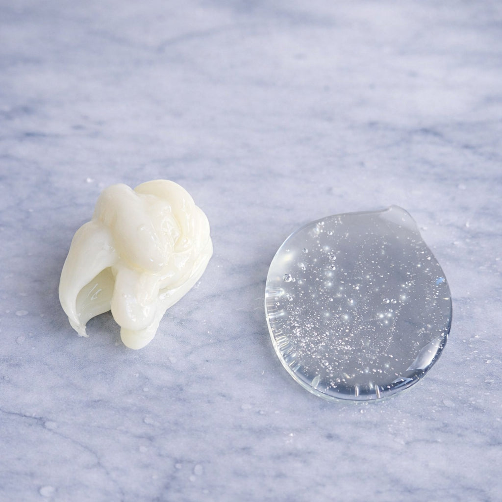 Remalisse Conditioner Cream and Clear Shampoo gel texture on marble background. 