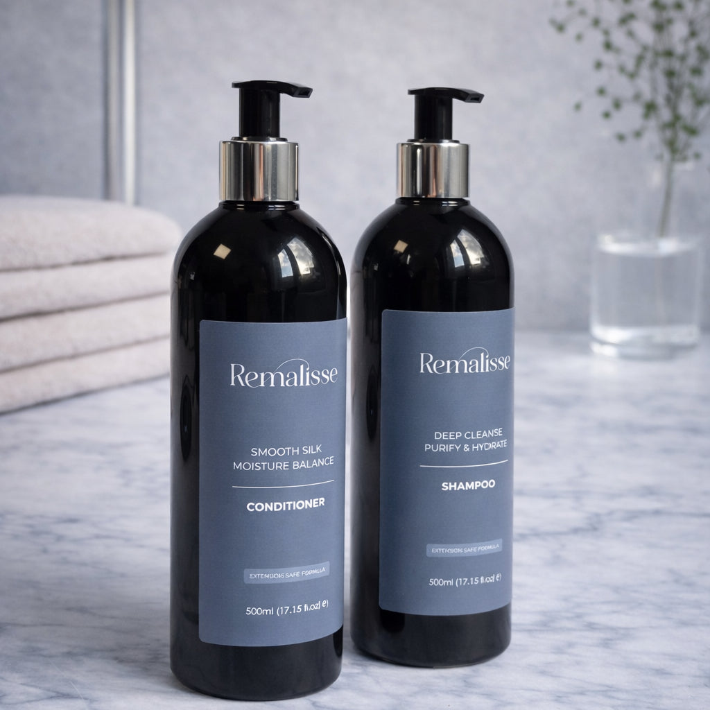 Remalisse Deep Cleanse Shampoo ans Smooth Silk Conditioner 500ml bottles on marbe surface luxury hair extension aftercare. 