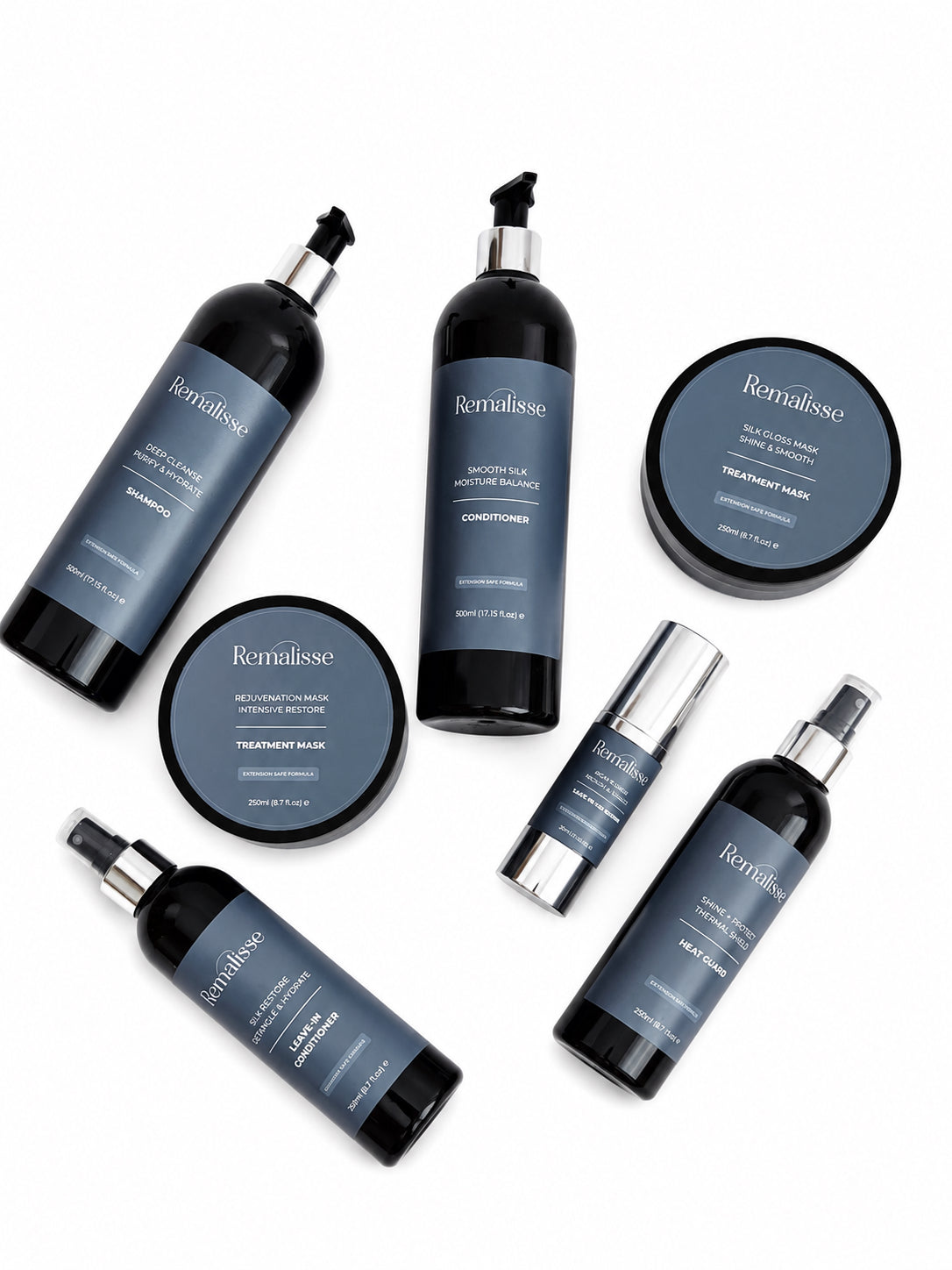 Remalisse hair extension aftercare collection including deep cleanse shampoo, smooth silk conditioner, silk gloss mask, rejuvenation mask, heat guard, silk restore leave-in conditioner, protein veil leave-in and argan elixir oil displayed on a white background. 
