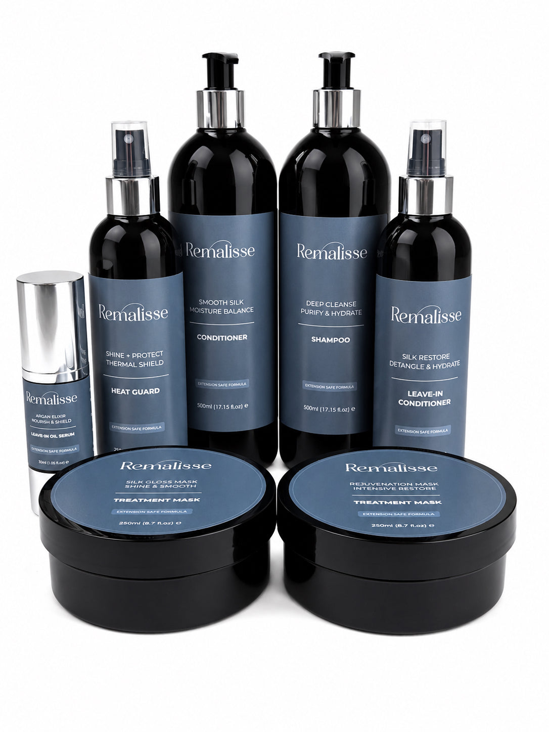 Remalisse Signature Bundle complete hair extension aftercare system featuring shampoo, conditioner, masks, leave-in treatments, heat protection and argan oil.