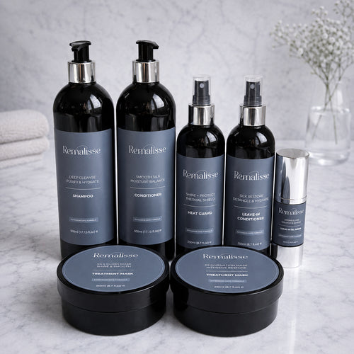 Remalisse professional hair extension aftercare collection including shampoo, conditioner, treatment masks, protein spray, silk restore leave-in conditioner, heat protection and argan oil serum displayed on marble background. 