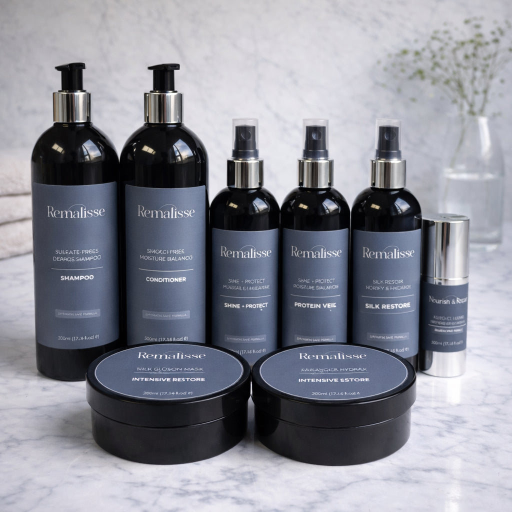 Remalisse professional hair extension aftercare collection including shampoo, conditioner, treatment masks, protein spray, silk restore leave-in conditioner, heat protection and argan oil serum displayed on marble background. 