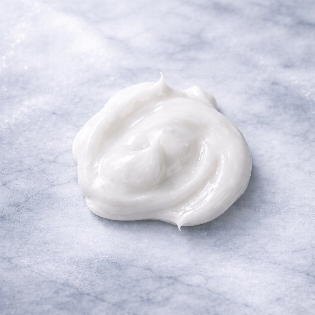 Close up texture shot of Remalisse Silk Gloss Mask - Shine & Smooth showing a glossy swirl off creamy white treatment on a cool grey marble surface. 