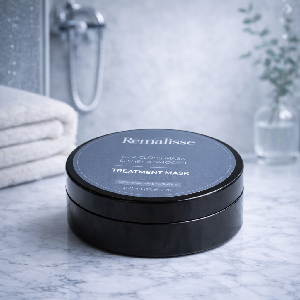Remalisse Silk Gloss Mask - shine & smooth treatment mask in a sleek black 250ml tub with slate grey label, styled on a cool marble bathroom countertop with folded towels and soft-focus shower background.