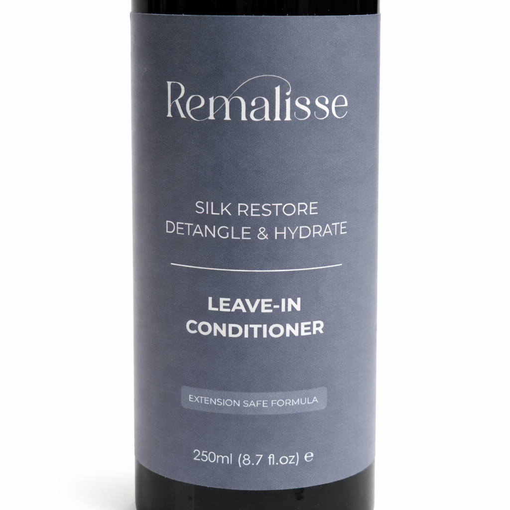 Remalisse Silk Restore Leave-in Conditioner bottle label close-up showing product name and 250ml size.
