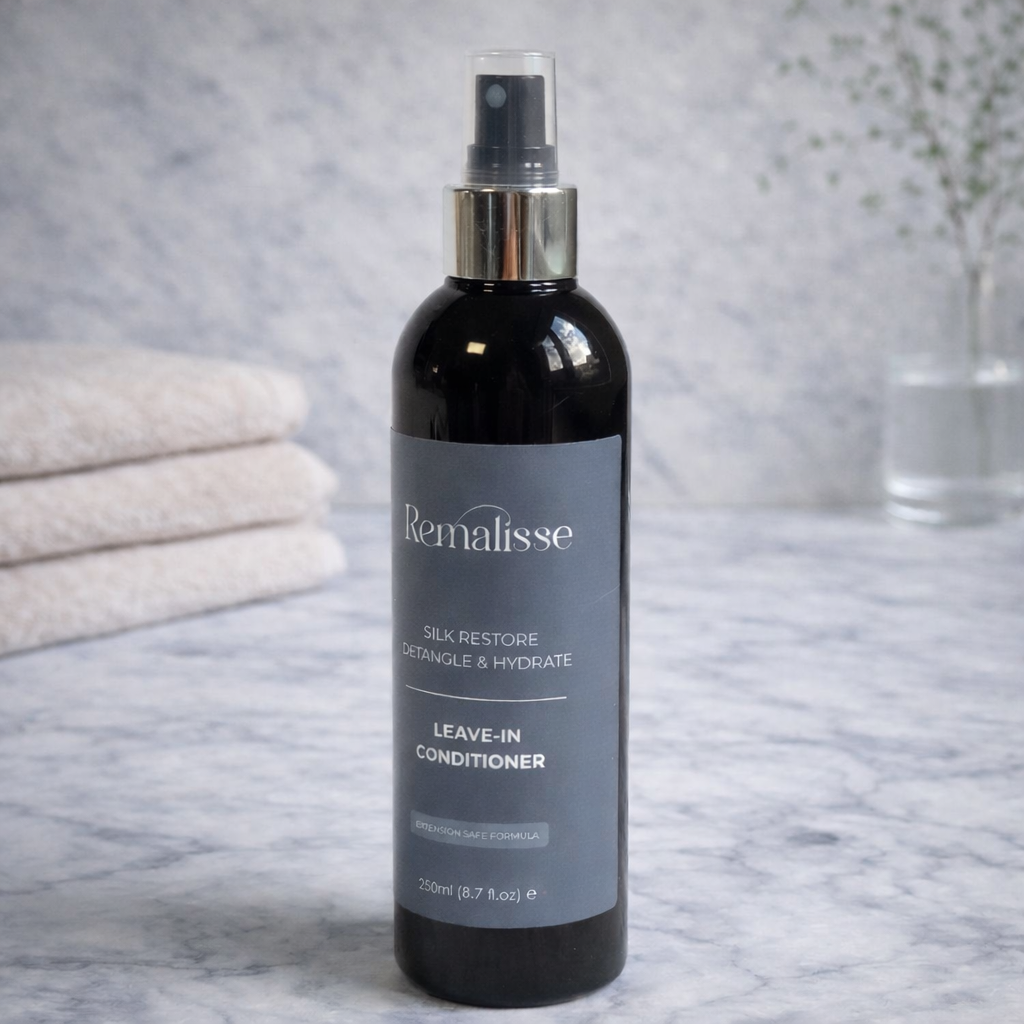 Remalisse silk restore leave-in conditioner spray bottle displayed on a marble bathroom surface with folded towels in the background. 