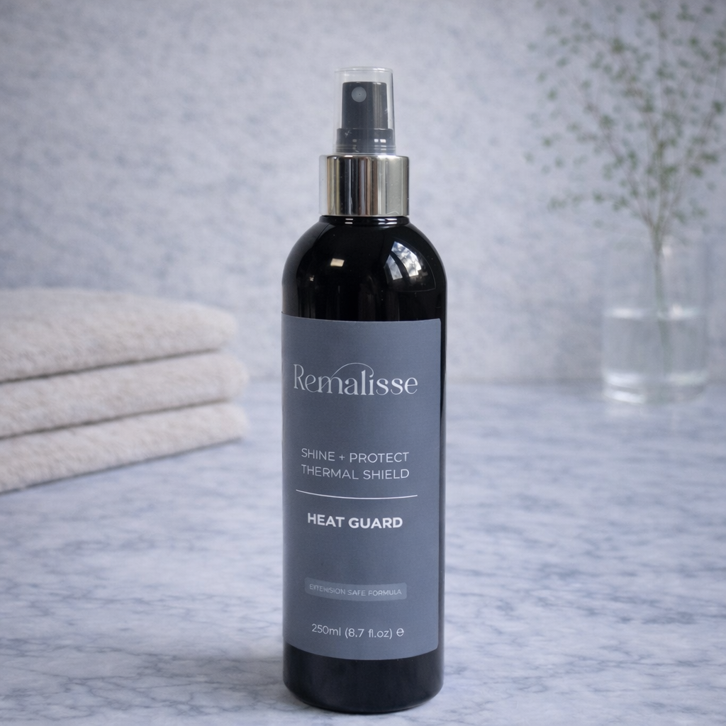 Remalisse Shine and Protect Thermal Shield heat guard spray bottle on a marble bathroom surface with folded towels and a glass vase in the background. 