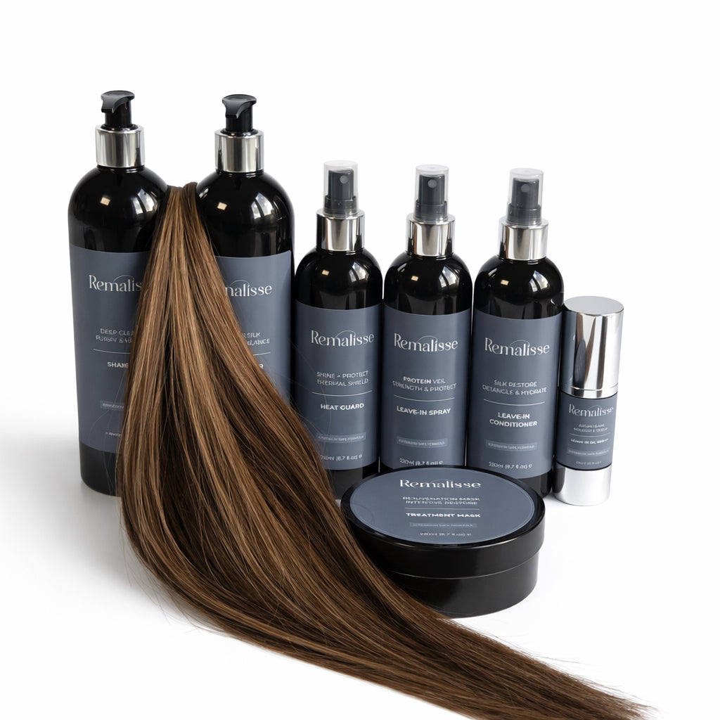 Remalisse hair extension aftercare products including shampoo, conditioner, treatment masks, heat protection spray, silk restore leave-in conditioner, and argan oil displayed with caramel waves genius weft 50 grams Remy hair extensions on a whi8te background. 