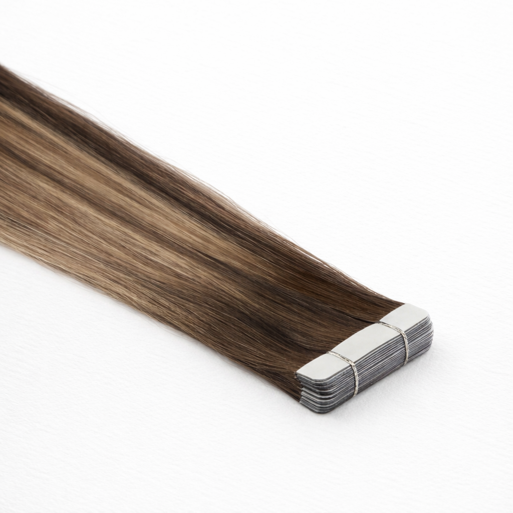 remalisse tape-in hair extensions - seamless adhesive tabs in multi-tonal brunette blend. 