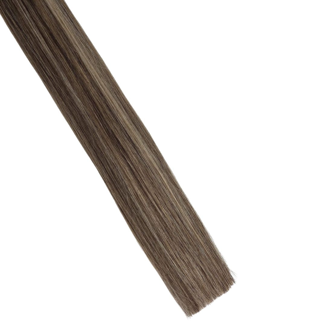 Remalisse Tape-In Hair Extensions - side view of Mid-Lengths and double drawn ends showing full density Remy human hair.