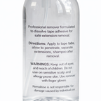 Close-up of Remalisse Tape Release extension remover back label showing directions, warnings, and product information on a clear bottle against a white background. 