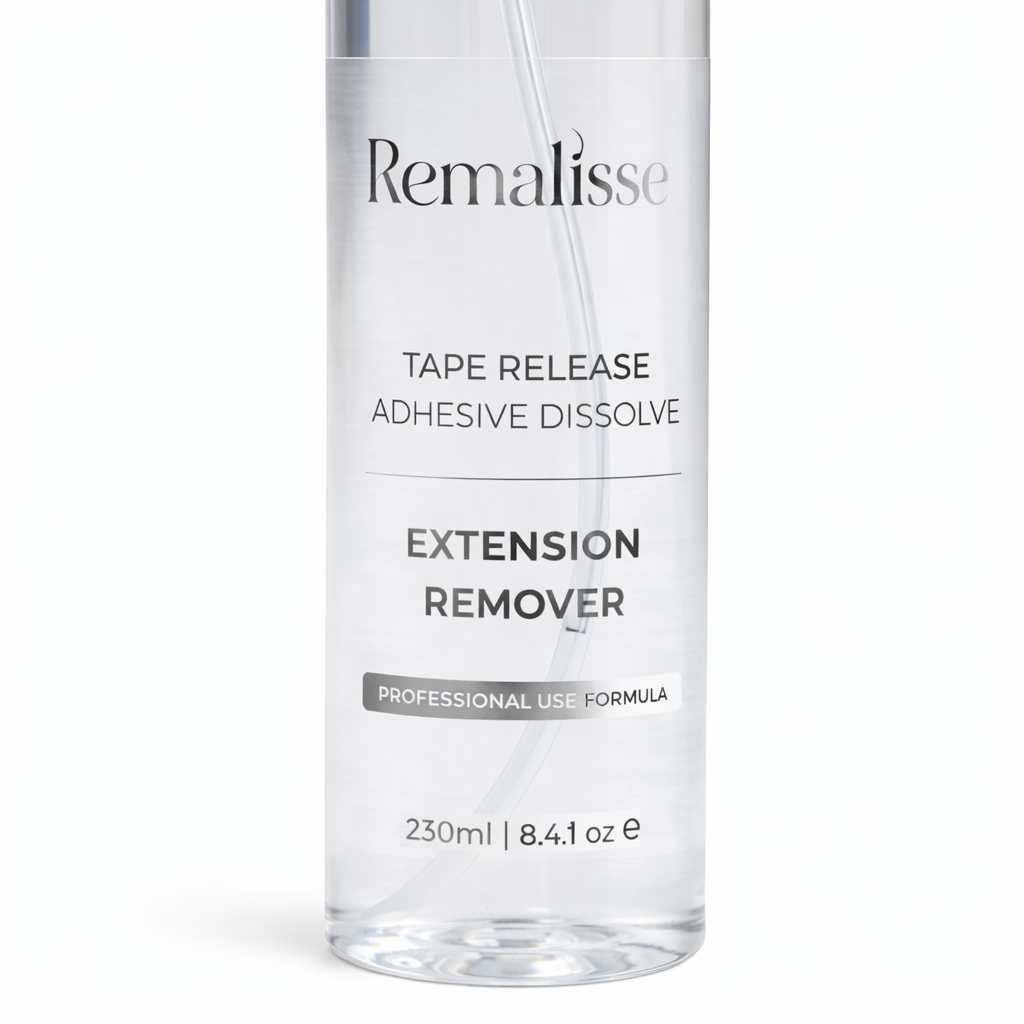 Close-up of Remalisse tape release adhesive dissolve extension remover label on a clear bottle with a plain white background.
