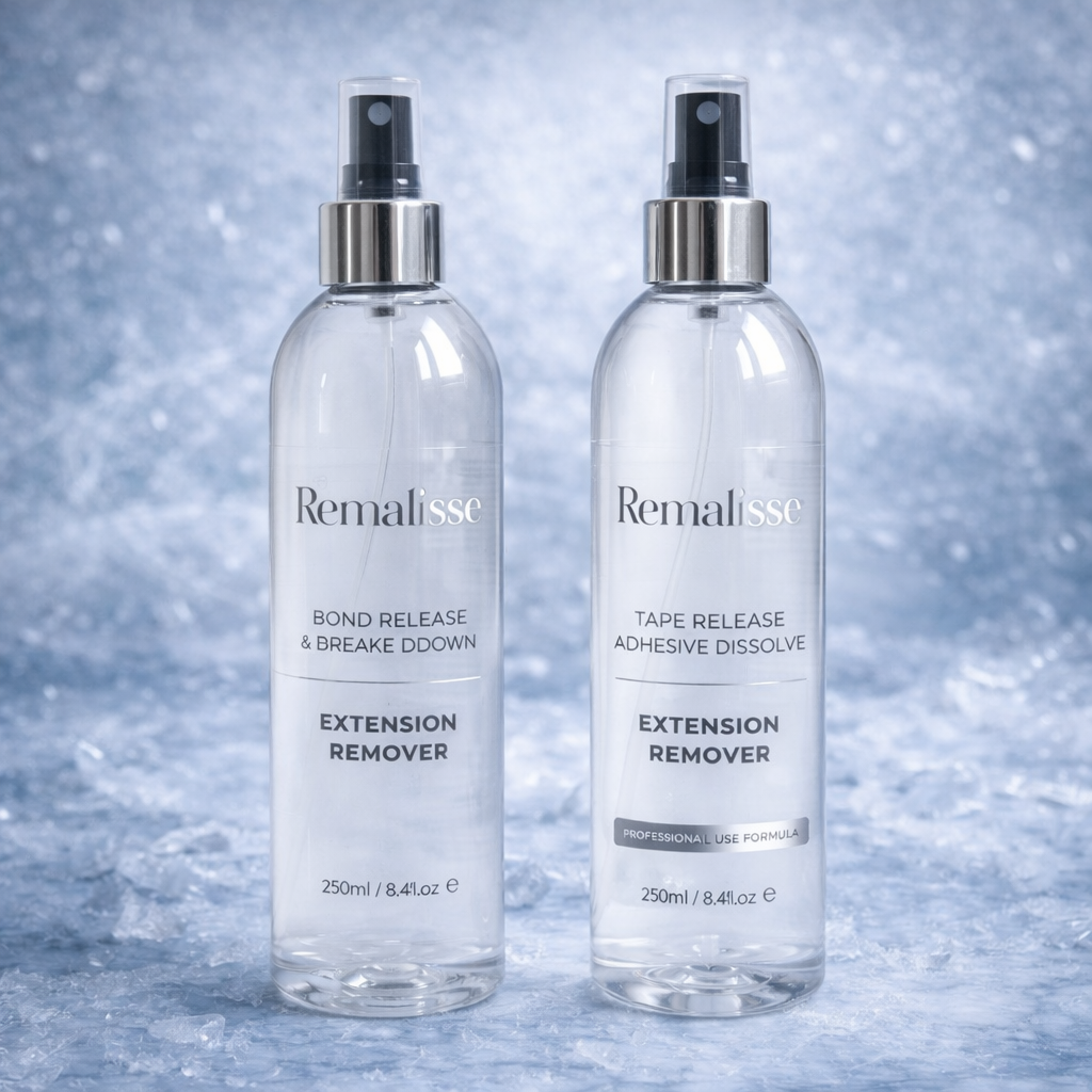 Remalisse Bond Release and Tape Release extension remover spray bottle displayed side by side on a textured blue background. 