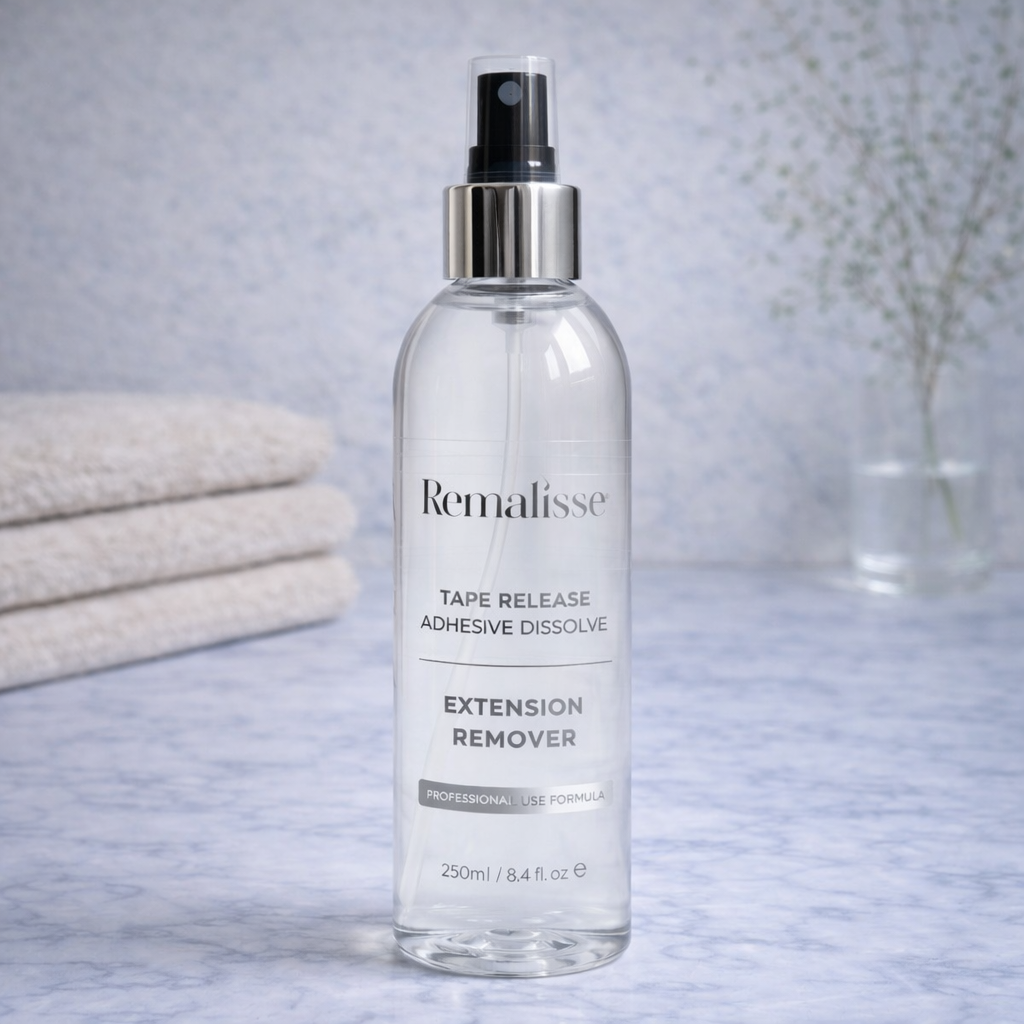 Remalisse Tape Release Adhesive dissolve extension remover spray bottle on a marble bathroom surface with folded towels and soft neutral background.