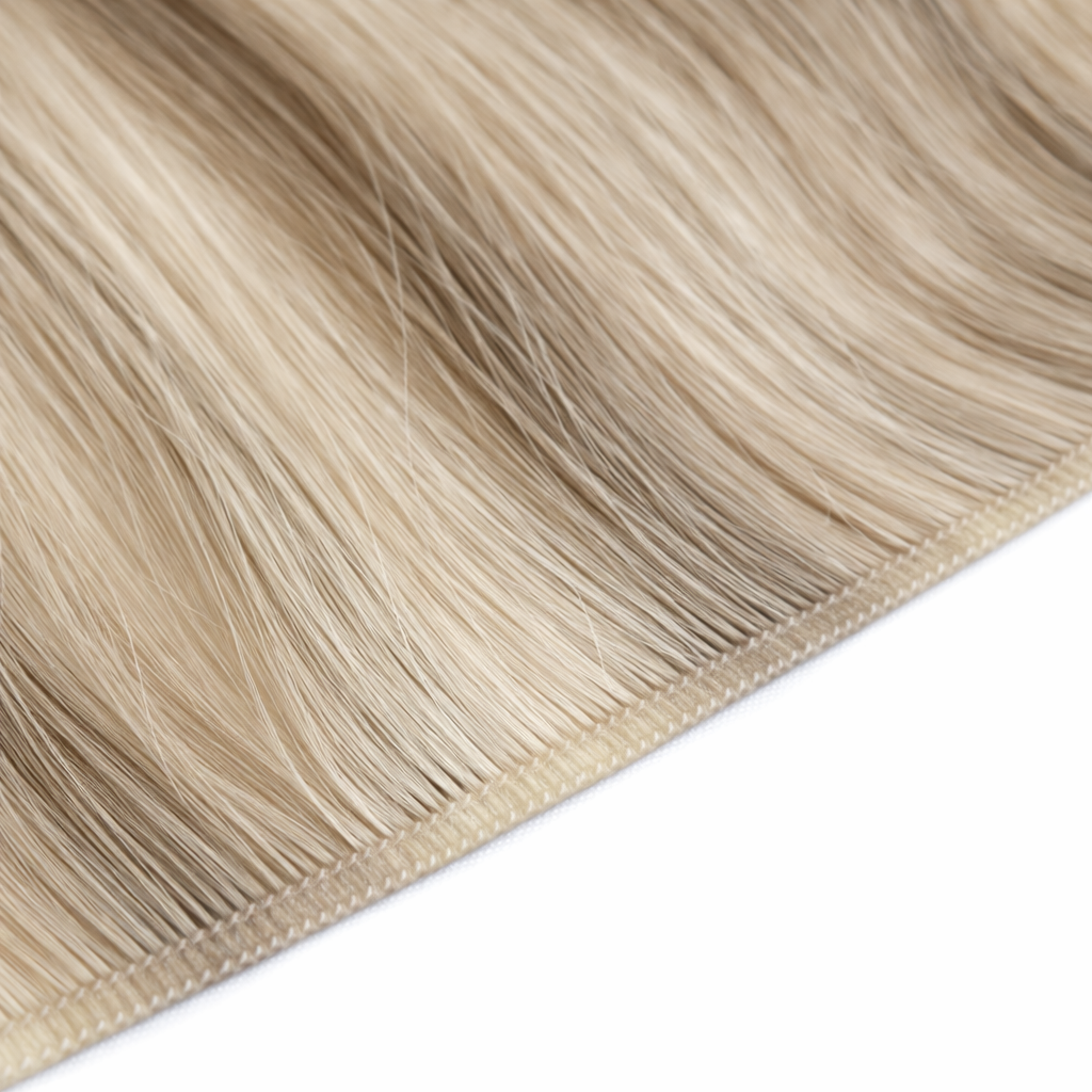 Close-up of blonde weft hair extensions showing stitched weft seam and smooth straight hair texture on a plain white background. 