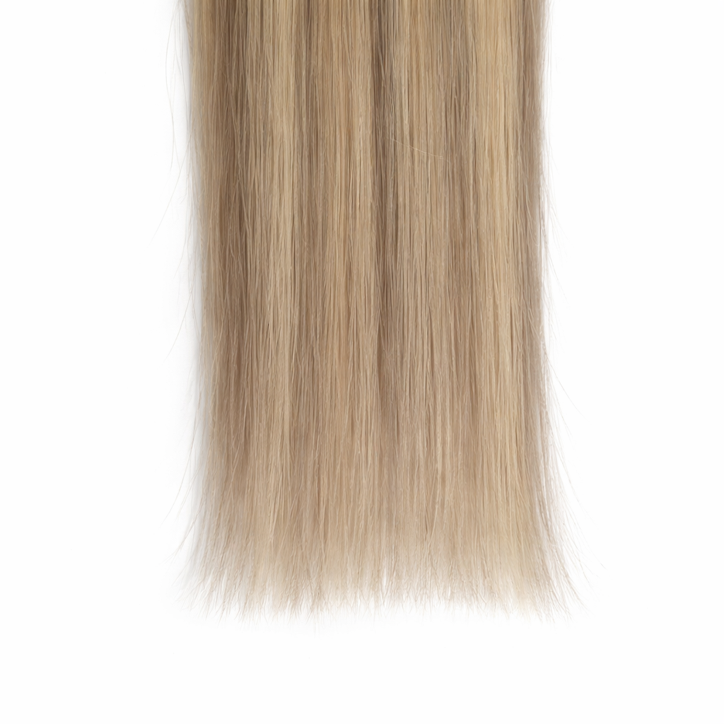Close-up of blonde hair extension ends showing natural tapered tips and smooth straight strands on a plain white background. 