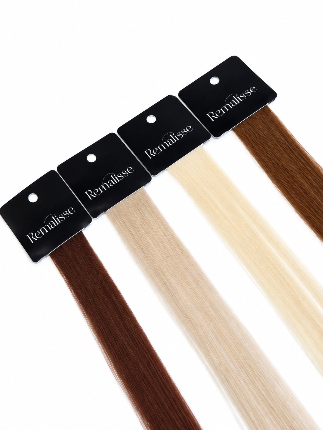 Luxury Remalisse Signature Collection hair extension colour swatches in warm brunette and icy blonde shades displayed on black branded colour match cards with a clean white background.