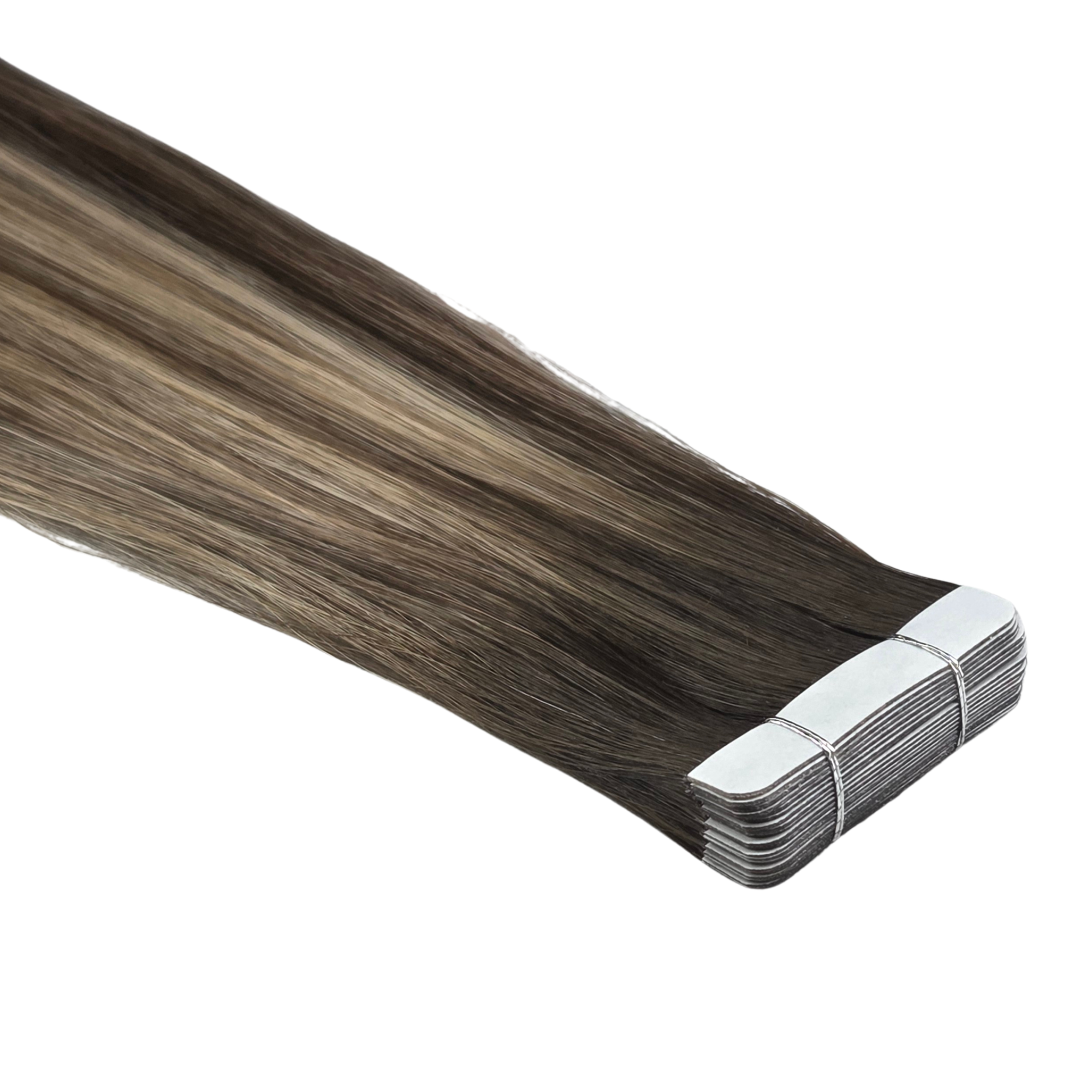 Dark Brunette tape-in hair extensions shown in a sleek straight finish with smooth white adhesive tabs visible at the top. The soft Remy human hair has a natural shine and seamless appearance, displayed against a clean white background.