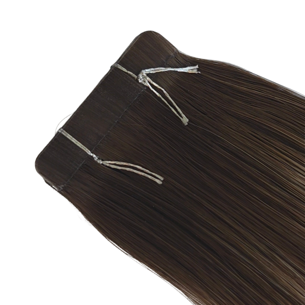 Close-up sleek dark brunette tape-in hair extensions with flat adhesive tabs visible at the top. The smooth Remy human hair falls straight with a soft shine, showcasing the seamless tape attachment design against a clean white background.